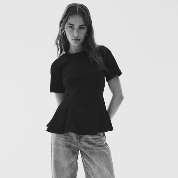 Black Textured Peplum Top - Picture 1 of 7